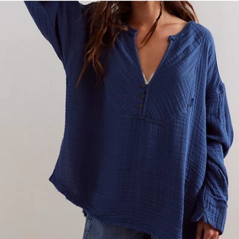 Free People NWT Easy Sunday Blue 100% Cotton Pullover Long Sleeve V-Neck Blouse